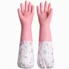 Luvas de borracha de inverno femininas para cozinha, com forro de fleece, duráveis, à prova d'água, para lavar roupas, limpeza doméstica e lavar louça, modelo longo