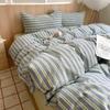 Juego de Cuatro Piezas de Algodón Puro Teñido en Hilo Lavado, Juego de Sábana Plana y Sábana Ajustable de Algodón Puro Estilo Japonés Muji para Dormir Desnudo