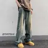 Calça jeans lavada angustiada masculina outono americano retrô solto pernas largas calça de esfregão liso frito rua babado calças bonitas
