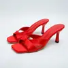 Sandalias de Verano Transfronterizas de Nuevo Estilo con Punta Cuadrada y Tacón Alto para Mujer con Lazo Cruzado, Boca Baja, Tacón Fino y Chanclas de Tira Trasera Abierta para Mujer