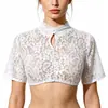 Top Sexy de Encaje Estilo Europeo y Americano Transfronterizo, Cuello Alto con Gota de Agua, Manga Corta, Transparente, Corto