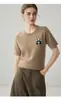 Camisa base de tricô 100% caxemira pura, suéter estiloso de cor sólida com estampa de panda, versátil de manga curta, novo estilo de outono para mulheres