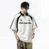 Camiseta de estilo polo a rayas con bloques de color estilo americano para hombre, de verano, con media cremallera, manga corta, fresca para pareja motera, manga corta