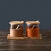 Vidrio Resistente a Altas Temperaturas Tapa de Bambú Frasco para Condimentos Caja de Condimentos de Lado Recto para el Hogar Juego de Tres Piezas Cocina Botella Frasco para Azúcar y Glutamato Monosódico