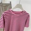 Camiseta Japonesa Retrô Rosa Jacquard Listrada Gola Redonda Manga Curta para Mulheres, Top Casual Versátil Solto e Modelador para Mulheres