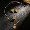 Conjunto de Joias Douradas Vintage com Disco Vazado, Conjunto de Três Peças de Colar, Brincos e Anel, Ornamentos Esculpidos em Estilo Étnico