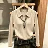 Seda de hielo, estilo old money, corbata de bufanda de seda francesa, cuello polo calado, top de punto calado de manga larga para mujer