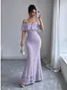Vestido de noche de encaje con un hombro cruzado para mujer, estilo sirena, con volantes, hombros descubiertos, ajustado, bodycon, largo