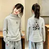 Camada Base Casual de Fleece para Meninas, Manga Longa, Quente, T-shirt, Outono/Inverno, Novo Top Listrado de Gola Alta Infantil
