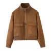 Fabricante Mayorista de Ropa para Mujer Transfronteriza Moda Europea y Americana 2026 Chaqueta Bomber con Bolsillo con Solapa y Textura de Gamuza