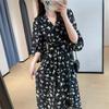 Ambiente Francés Estampado de Mariposas Falda para la Hora del Té Cintura Ceñida Ajustada Mangas Largas tipo Burbuja Vestido Verano H0703L