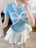 8526 # Camiseta de manga corta de verano nuevo estilo, pura y seductora, con lazo y encaje empalmados, para mujer, corte ajustado con copas fijas en el pecho