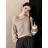 Elegante suéter de punto calado, hombros descubiertos, manga larga, nueva colección otoño 2026, top tipo jersey holgado para mujer talla grande