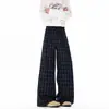 Calças xadrez de comprimento estendido 190 para homens altos, calças casuais de perna larga, estilo casual, calças retas compridas até o chão, preto escuro e azul