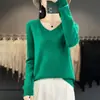 Suéter de malha de alta qualidade pronto para usar outono e inverno, gola V, 100% lã, manga longa, corte justo para mulheres