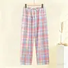 Pantalones de pijama de algodón puro para mujer, finos y holgados, adecuados para usar fuera, para madres de mediana edad, pantalones caseros de cuadros 100% algodón, estilo fino de verano