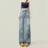 Jeans anchos rotos para mujer, estilo fino de verano 2026, pantalones rectos holgados de corte slim retro versátiles de moda
