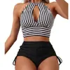 Nuevo Traje de Baño de Dos Piezas Multicolor Transfronterizo Europeo y Americano, Traje de Baño Hueco de Gama Alta, Conjunto de Bikini Rayado de Amazon