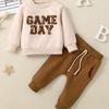 Conjunto de Dos Piezas Transfronterizo de Toalla Color Albaricoque Bebé Bordado Día de Juego Estampado Camisa de Manga Larga Pantalones