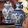 Jarrón de Cerámica Antigua de Alta Calidad Azul y Flor Bajo Esmalte Rojo Jarrón de Cerámica Adornos Decorativos Lujo Ligero Jarrón de Cerámica Estilo Chino
