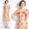 Vestido Floral de Lunares Vestido Largo Platycodon Descanso para el Té Falda Francesa de Cola de Pescado Cinturón con Cordón Cadera Falda con Abertura
