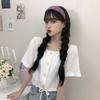 Camisa de manga corta con cordón y diseño de cintura alta fina para mujer, estilo coreano, color morado y cuello cuadrado, de verano