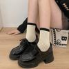 Zapatos de Cuero Pequeños de Estilo Británico de Tacón Grueso y Suela Gruesa Negros para Mujer 2025 Nuevos Otoño e Invierno Punta Redonda Versátiles Zapatos Franceses Mary Jane