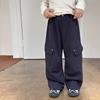 Calça Cargo Aimobeibei Tendência Inverno 2025 para Meninos e Meninas, Botões, Solta, Forrada com Lã, Espessa e Quente, Perna Reta, Longa
