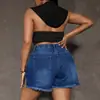 Nuevos shorts de mezclilla lavada de moda transfronteriza europea y americana para mujer, de cintura alta, elásticos, con abertura lateral, sueltos, de pierna ancha, con dobladillo de flecos
