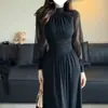 Vestido de color liso para mujer para primavera y otoño, con mangas tipo farol, fruncido, cuello semi-alto, etéreo y vaporoso, entallado en la cintura, vestido largo con caída para personas altas