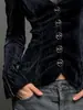 Bestseller transfronterizo europeo y americano estilo gótico top de terciopelo para mujer, cuello en V de encaje ajuste ceñido manga acampanada camisa vintage de manga larga