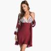 Pijama de lujo de comercio exterior para mujer, camisón sexy de seda helada con escote en V profundo y encaje fino, bata de baño para el hogar, conjunto de dos piezas