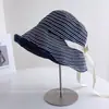 Sombrero de Pescador Retro Rayado de Moda para Mujer, Sombrero de Sol de Tela Versátil Plegable Portátil con Cinta de Bloqueo de Color de Verano
