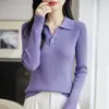 Blusa de tricô com lapela em lã fina feminina, delicada e macia, corte justo, manga longa, elegante camada base de lã para o trabalho