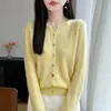 Cárdigan de punto de lana pura para mujer, nueva chaqueta de otoño e invierno con cuello en V y manga larga, con botones coloridos y diseño calado, estiliza y es moderna