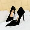 1363-6 Estilo Europeo y Americano Moda Banquete Tacones Altos Aguja Boca Baja Punta Afilada Corte Lateral Zapatos de Tacón Alto de Gamuza Xishi