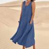 Amazon Estación Independiente Wish2023 Verano Europeo y Americano Exportación Pantalones con Bolsillo de Solapa Vestido de Algodón y Lino para Mujer sin Mangas con Cuello Redondo