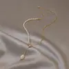 Colar de costura com pérolas de água doce feminino design simples de corrente em Y com fecho deslizante senso de design corrente para clavícula ajustável Colar da moda