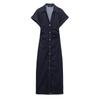 Saia Midi Jeans Slim Midi Longa Lapela Casual Vestido Manga Curta 2025 Novo Verão Novo Estilo Europeu e Americano