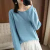 Suéter de punto cruzado de hilo de algodón para mujer, ancho 2025 cuello redondo, capa base talla grande, dobladillo enrollado para mujer, top suéter suelto de otoño
