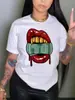 2023 Camiseta Feminina de Manga Curta Gola Redonda Branca Moda Estampa de Lábios Dólar Gola Redonda