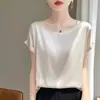 Regata de acetato acetinado de venda quente no verão com gola redonda, corte solto, mangas caídas, cor sólida, camiseta versátil, top moderno que afina para mulheres