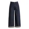 Jeans de pierna ancha con puños a cuadros Xinge para mujer, pantalones casuales de bloqueo de color versátiles, de otoño, cintura alta, rectos, holgados, cropped