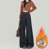 Jeans de Mezclilla Azul Oscuro de Pierna Ancha con Forro de Felpa para Mujer 2025 Tendencia Versátil Nuevos Pantalones Sueltos de Ajuste Petite Otoño e Invierno