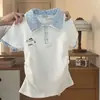 Camiseta Polo Bordada Estilo Coreano com Estampa de Cachorro e Xadrez para Mulheres, Novo Top Acinturado Estilo College Verão 2026