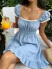 Comercio Exterior Transfronterizo Vestido Cuadrado de Verano Estilo Francés con Mangas Abullonadas para Mujer, Ceñido a la Cintura, Adelgazante, con Ribete de Encaje, Vestido Corto de Corte A