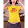 Camiseta de Manga Corta con Cuello Redondo Estilo Coreano con Estampado para Mujer Verano 2025 Nuevo Estilo Diseño de Hombro Derecho Top Corto