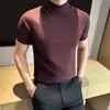 Suéter de Cuello Alto de Punto de Manga Corta de Alto Gama Estilo Old Money para Hombre, Camisa Base Casual Negra Ajustada