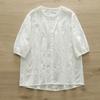 Verano Nueva Camisa de Algodón de Manga Corta para Mujer Manga Media Encaje Estilo Nacional Cuello de Encaje Jacquard Combinable Dulce Camisa de Media Manga