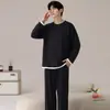 Pijama masculino de algodão puro com gola redonda, novo conjunto de alta qualidade com mangas compridas e calças compridas para primavera, outono e inverno, tamanho grande casual para casa, adequado para uso externo